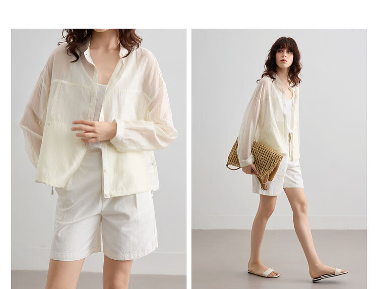 Demana Smooth Tencel Summer Lightweight Crew Neck Shell Button Hem Drawstring Loose Short Women's Jacket 7