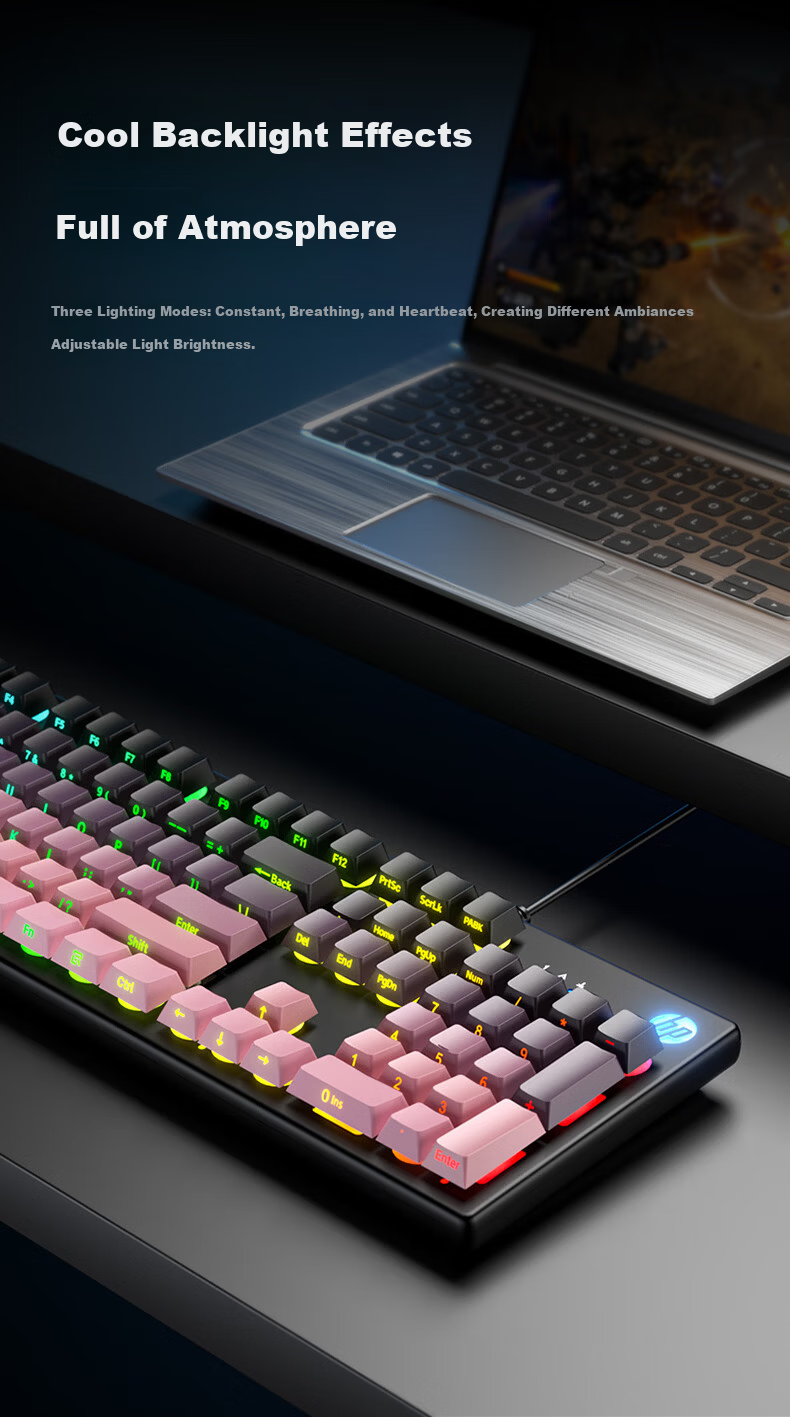 HP Mechanical Feel Gaming Keyboard with Wired Quiet Thin Film Switches for Computer Laptop Office Use, 104 Keys, Splash-Resistant Backlit High Aesthetic Value, Blackberry Pink Side Engraving 7