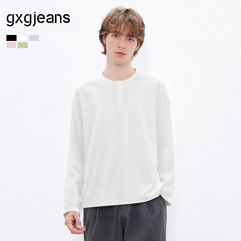 Gxgjeans Men's Multi-Color Basic Henley Loose Fit Long Sleeve T-Shirt Base Layer 26 Spring New White 165/S
