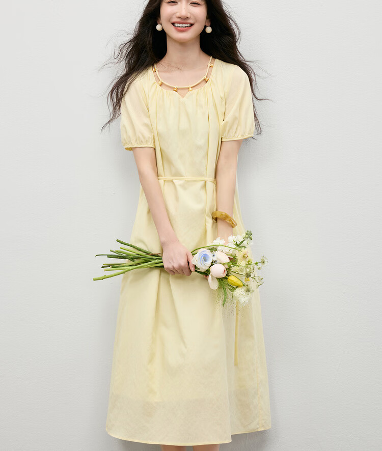 Shangdu Bira Linen Acetate Lyocell Dress Women Spring Summer Elegant Hollow Beaded Round Neck A-line Loose Slim Long Dress 18