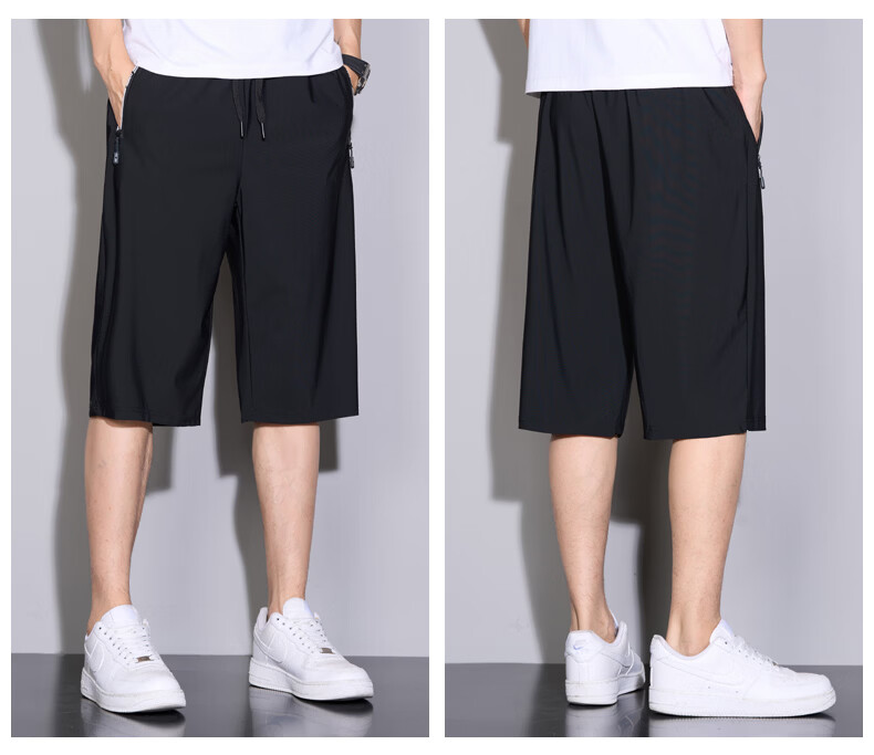 JEEP SPIRIT Men's Casual Summer Ice Silk Quick-Dry Thin Loose Fit Cropped Pants 9877 Black 2XL 9