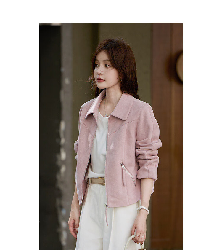 Mt [Mist Wild Rose] Spring Sweet Cool Style Suede Lapel Zipper Loose Short Women's Jacket Coat 10