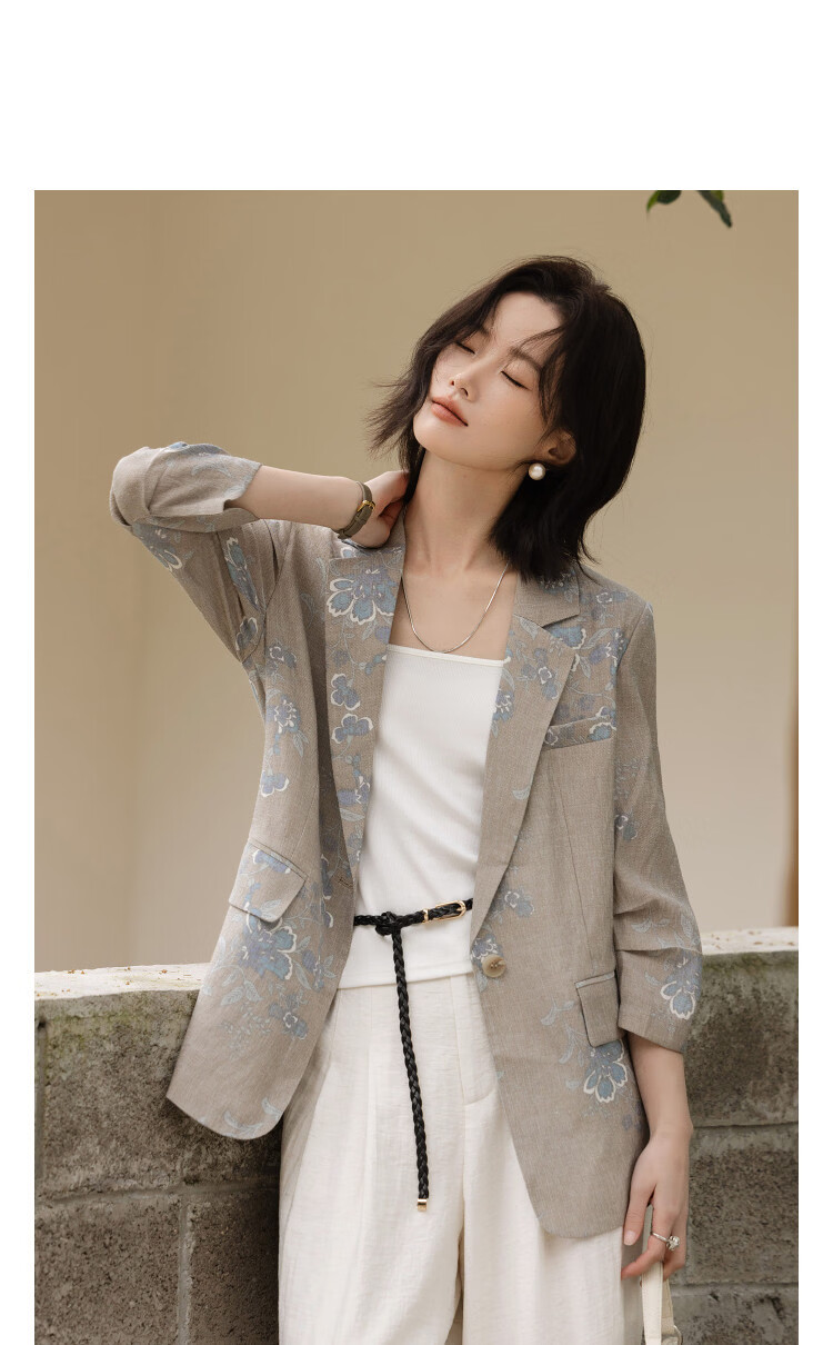 Demana Luxury Linen Spring Elegant Notched Lapel Single Button Flap Pocket Pleated Three-Quarter Sleeve Women's Blazer 11