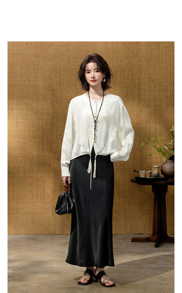 Demana [Moonlit Sea Glow] Spring National Style New Chinese Round Neck Jacquard Top Tie Loose Petite Women's Shirt 11