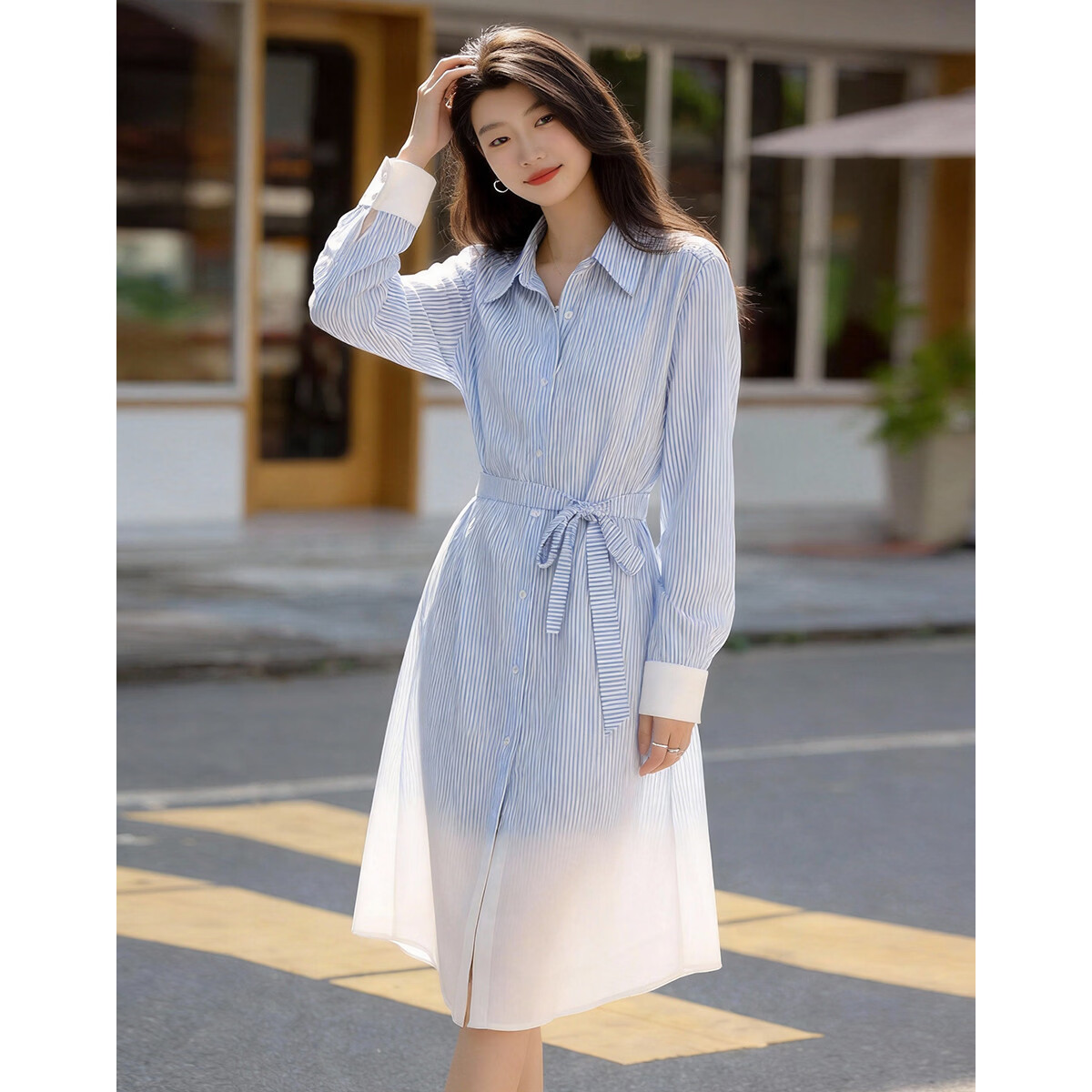 Demana Long-termism Spring Smart Commuter Gradient Stripe Print Petite Loose Women's Dress with Lapel Collar