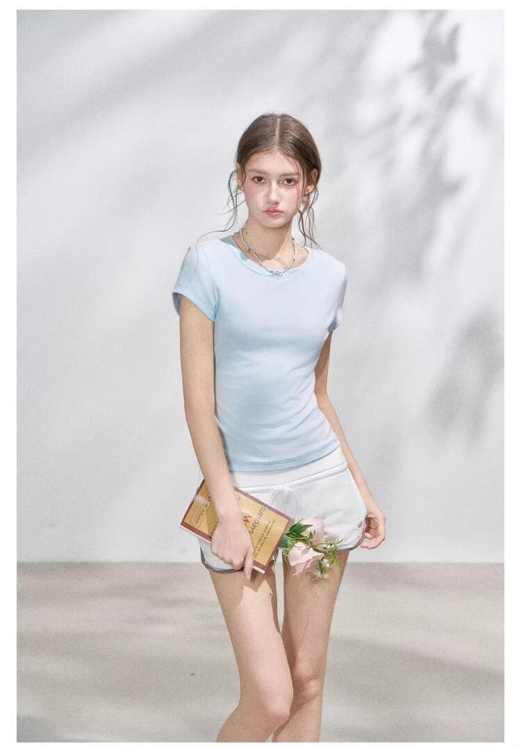 ICH MODE Lyocell Slim Fit Short Sleeve T-Shirt Women Skin-Friendly Cooling Flutter Sleeve Slimming Top Blue L 23