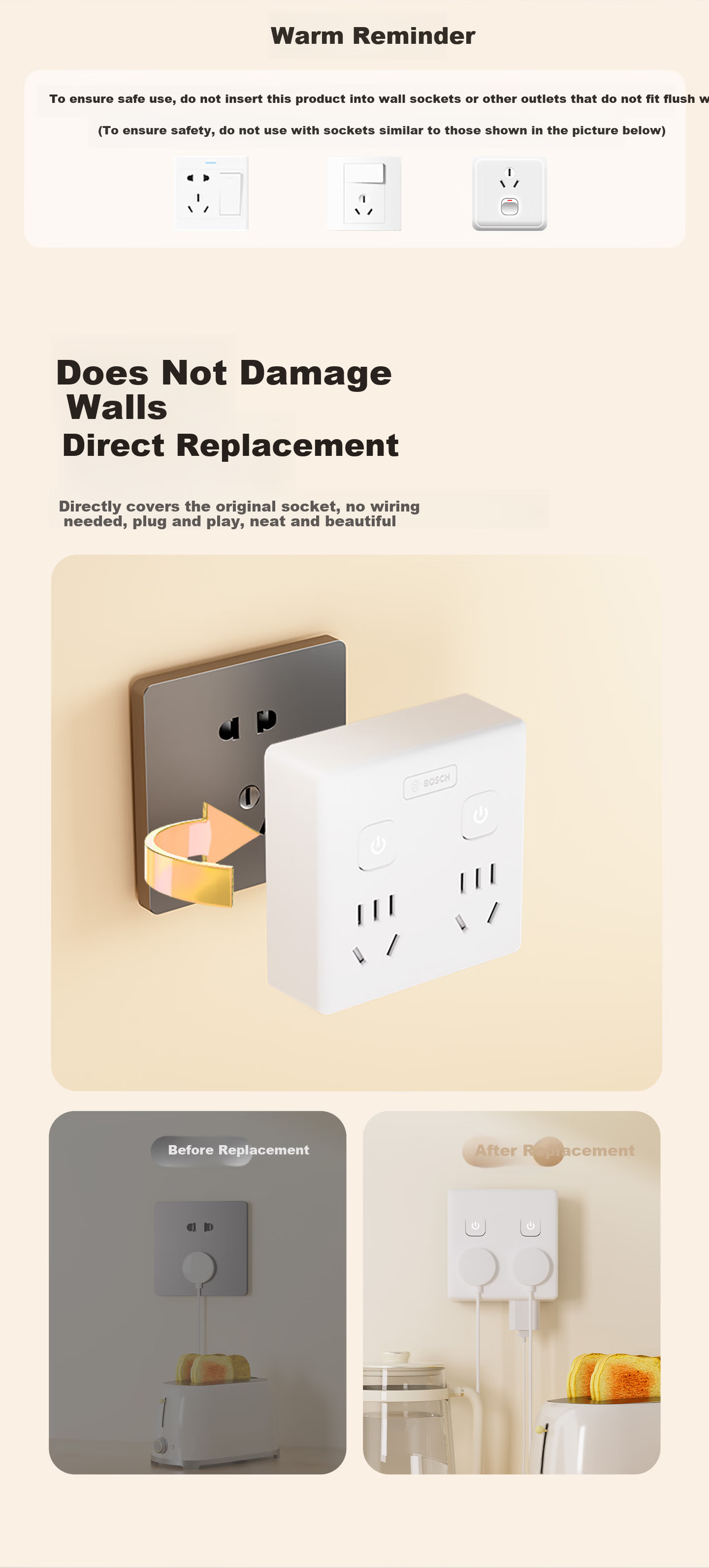 BOSCH Socket Converter Plug Wireless Power Strip USB Multi-Functional Socket/One-to-Multiple Protection Door/Extension Converter [One-to-Six Master Control Switch] PS86-0001 4