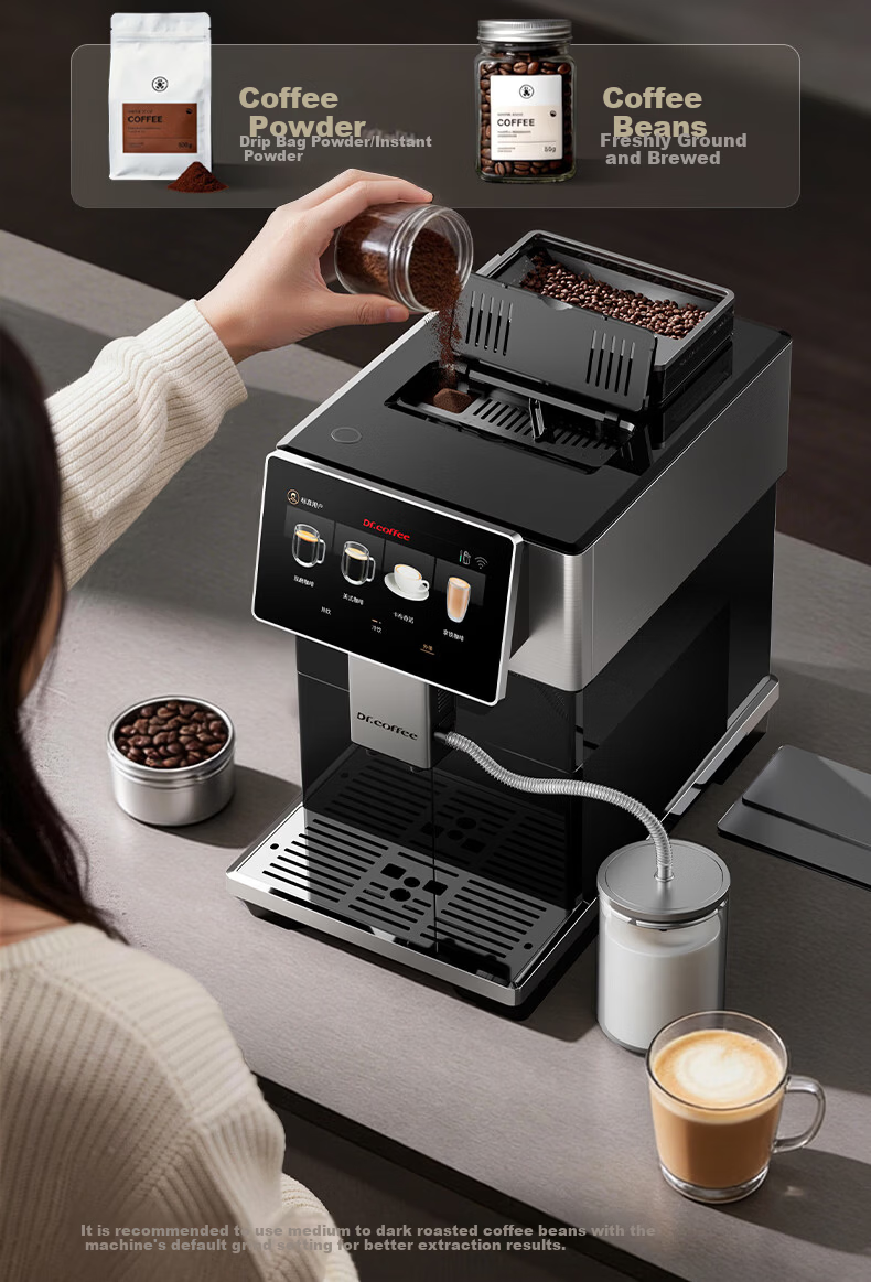 Dr.coffee H3 Black Home Fully Automatic Italian Espresso Coffee Machine Small Integrated Grinder One-Touch True Cold Brew Fresh Coffee Hot and Cold Drinks 27