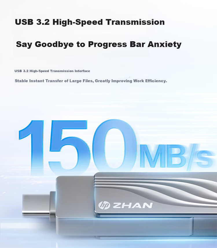 HP 256GB Type-C + USB 3.2 Dual Interface USB Flash Drive High-Speed Transfer Zhan66 Metal Rotating Office Car Backup Universal Phone and Computer Dual-Use USB Drive Silver 5