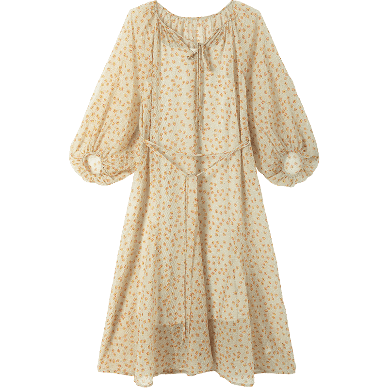 Demana [Flowers and Poetry] Spring Elegant Style Bubble Plaid Chiffon Printed Loose Slimming Dress for Women High-End Feel