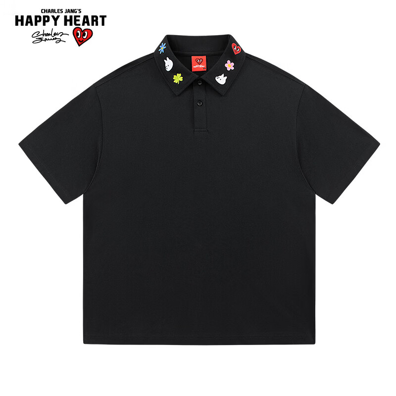 Charles Peach Heart Fresh Collar Cute Embroidered Couple Pure Cotton Short Sleeve Polo Shirt Casual Black XS