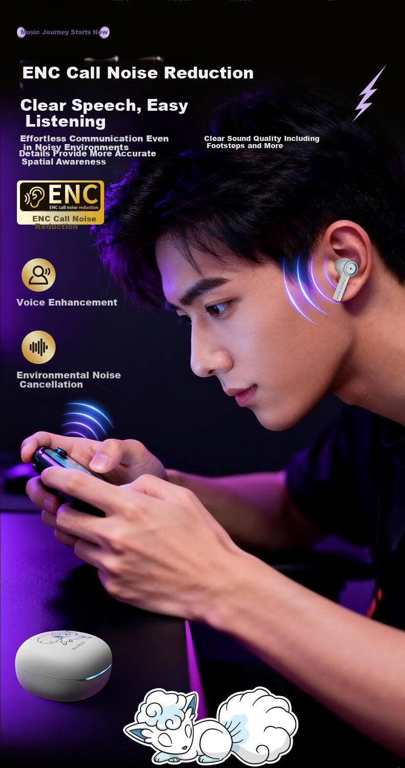 Chenfeng Pokémon Bluetooth In-Ear Wireless Earphones ANC Active Noise Cancelling Deep Bass Stereo Gaming Mode Music Earphones Long Battery Life Birthday Gift PM19 Vulpix 7