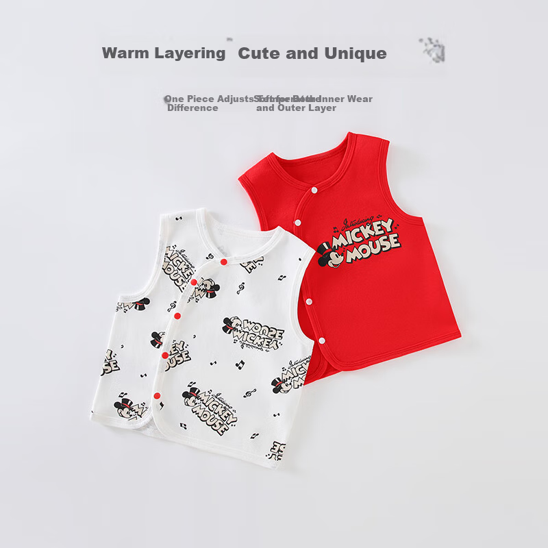 Disney 2-Piece Baby Vest Set Newborn Festive Red Cotton Sleeveless Shirt for 100 Days Celebration Spring Autumn Winter Size 59
