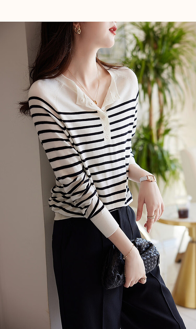 Demana Japanese Style Artistic Commuter Spring Autumn Colorblock Striped Round Neck Slimming Knit Sweater 41