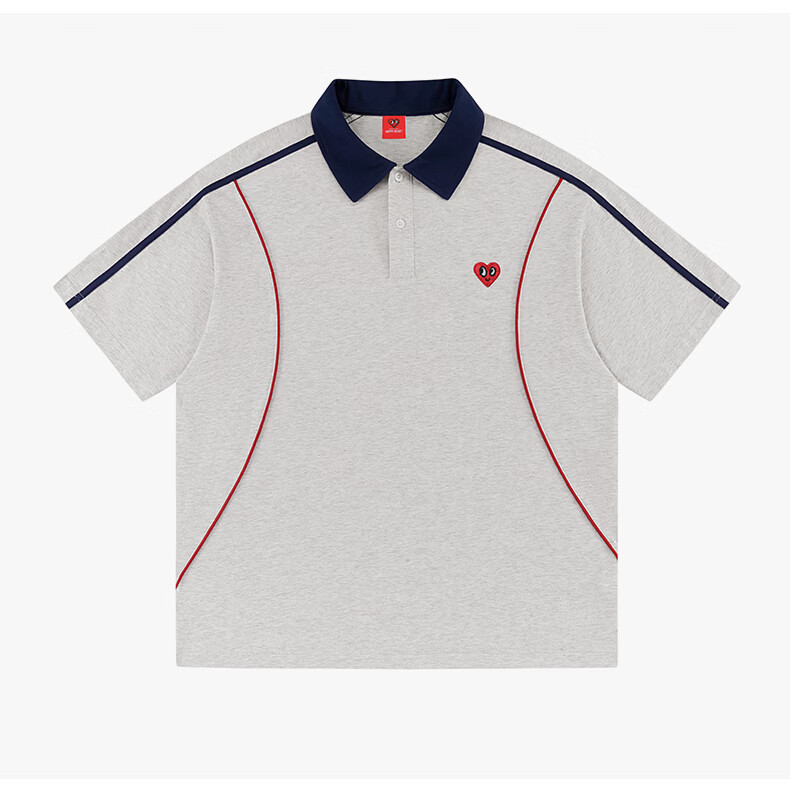 Charles Heart Summer Business Casual Patchwork Short Sleeve Polo Shirt Unisex Pure Cotton Versatile Couple Light Heather Gray M 19