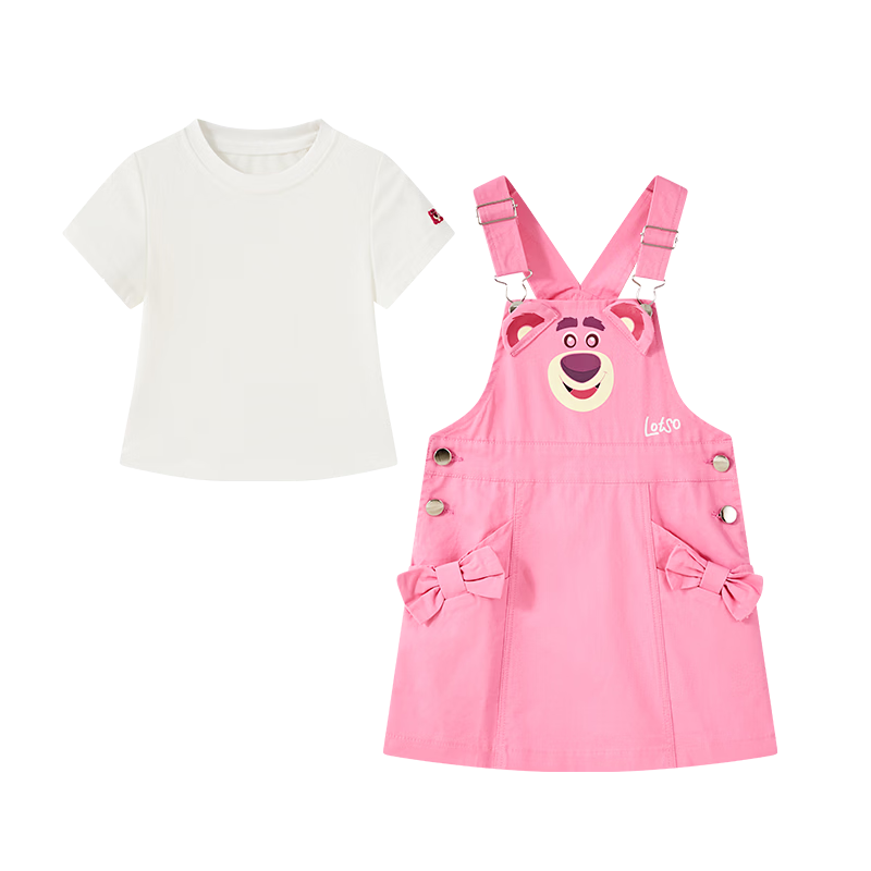 Disney Kids Girls Summer Outfit 2026 New Short Sleeve Strawberry Bear Suspender Dress Two-Piece Set for Older Children