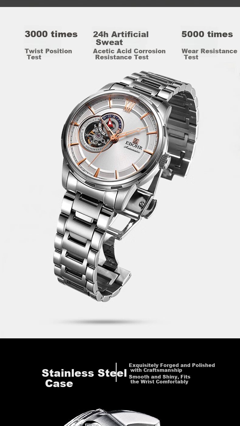 EBOHR Men's Skeleton Automatic Mechanical Watch Stainless Steel Band Authentic National Brand 24-Hour Dial New Year Gift 8