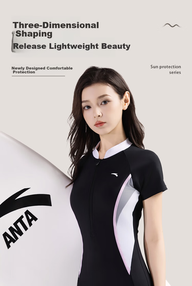 Anta Women's New Short Sleeve One-Piece Swimsuit Slim Fit Conservative Professional Racing Swimwear Purple Gray M 1