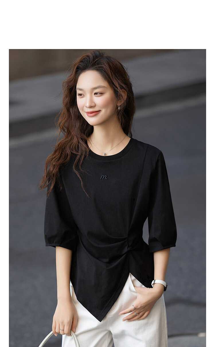 Demana [Sorona Breathable] Spring Simple Style Round Neck Ruched Embroidery Mid Sleeve Petite Women's T-Shirt 14