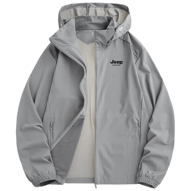 JEEP SPIRIT Men's Summer Sun Protection Long Sleeve Hooded Lightweight Jacket Coat Skin Jacket Gray 2XL
