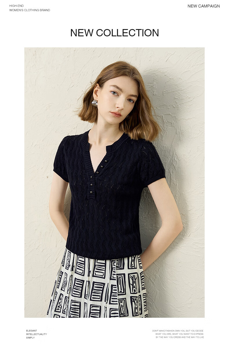 Yanyu Black Slim Fit Knit Top Women 2026 Summer High-End Vintage Style Short Sleeve Half-Open Collar Shirt Black S 11