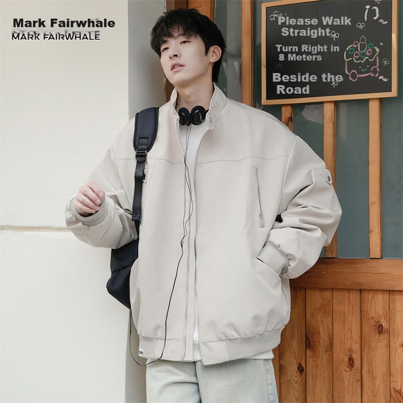 MARK FAIRWHALE Men's Jacket Spring and Autumn Flight Bomber Casual Baseball Coat Beige XL