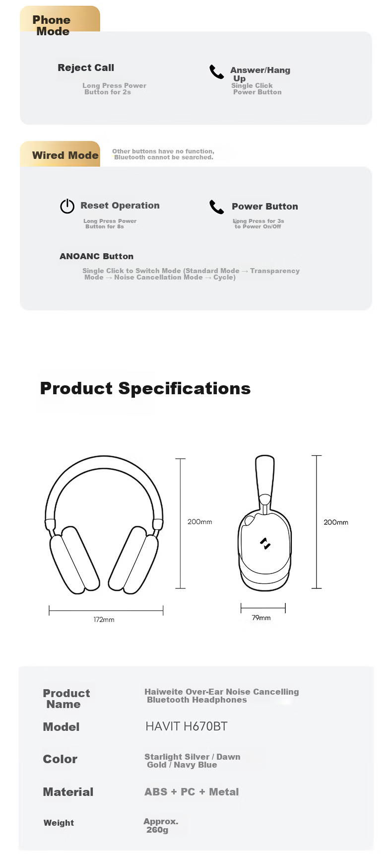 Havit Over-Ear Bluetooth Headphones ANC Active Noise Cancellation Deep Bass Wireless Headset Long Battery Life for Computer Online Classes Gaming Sports Compatible with Apple Huawei Xiaomi H668BT Black 28