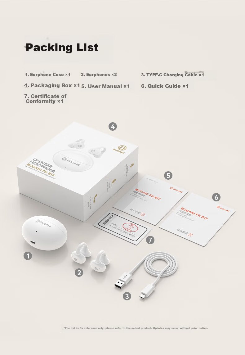 BUGANI Fit B17 Clip-On Bluetooth Earphones Open Wireless Non-In-Ear AI Simultaneous Translation Noise Cancelling Running Sports Music Gaming E-Sports Call Noise Reduction Black 17