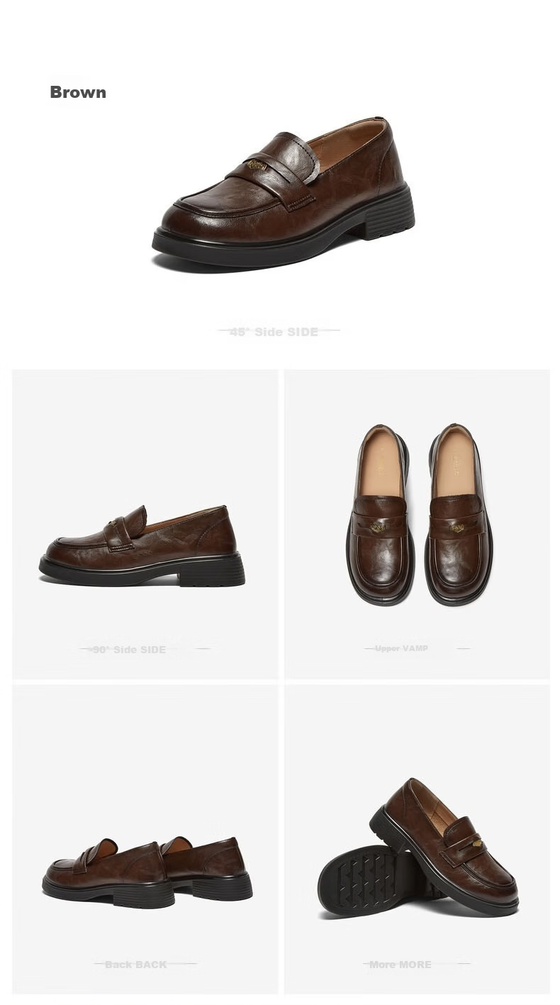 Basto Mall Same Style [Genuine Leather] College Style Loafers Chunky Heel Women's Shoes Black Size 35 22