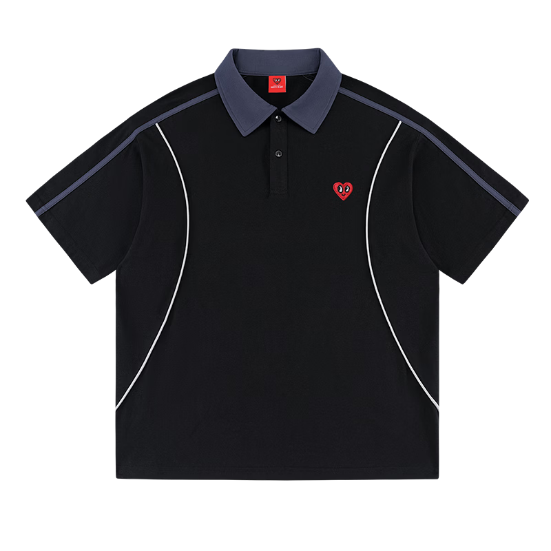Charles Heart Summer Business Casual Patchwork Short Sleeve Polo Shirt Unisex Pure Cotton Versatile Couple Black L