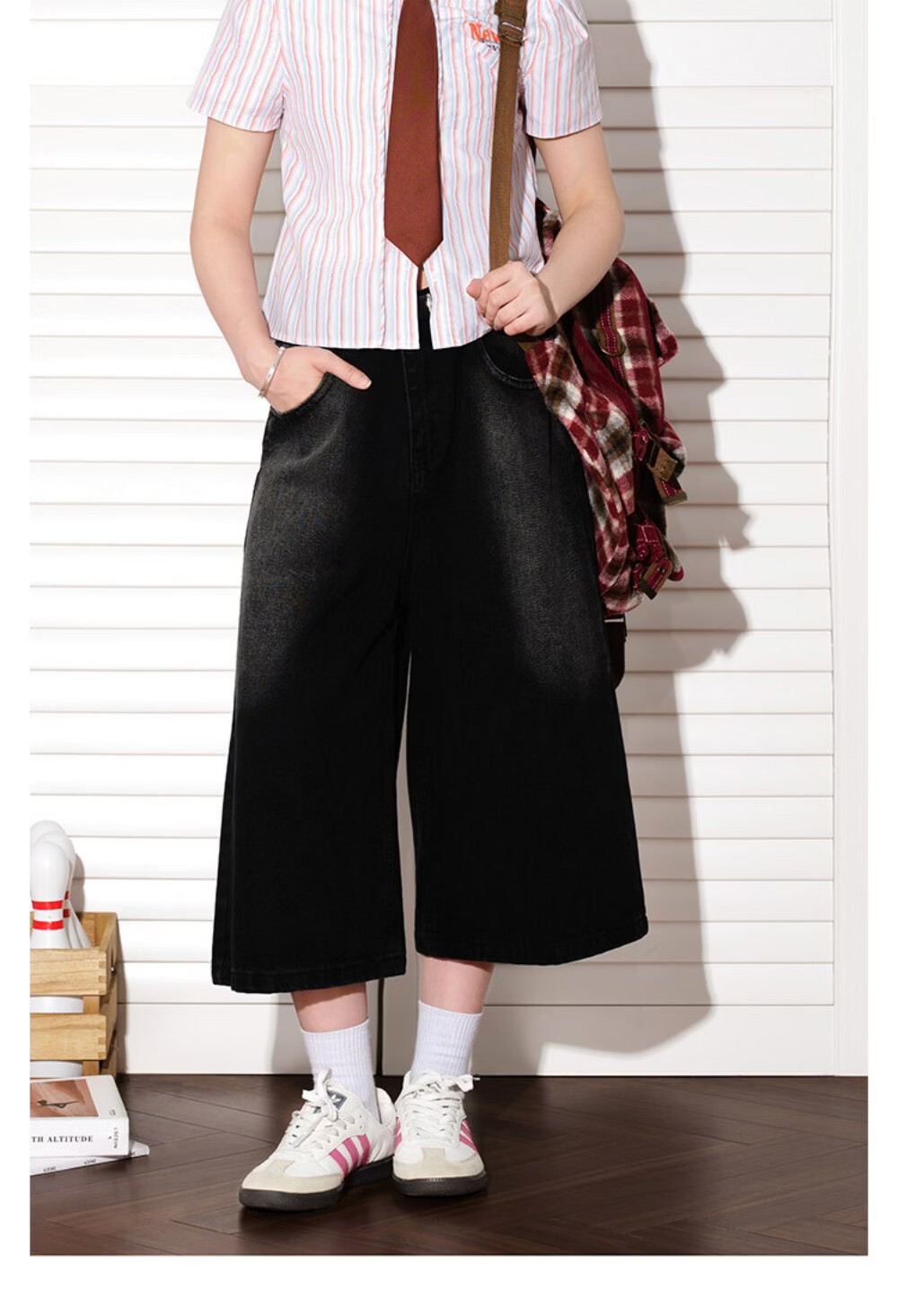 ICH MODE Vintage American Style Lightweight Washed Denim Shorts Thin Women's 2026 New Versatile Seven-Point Pants Black L 9