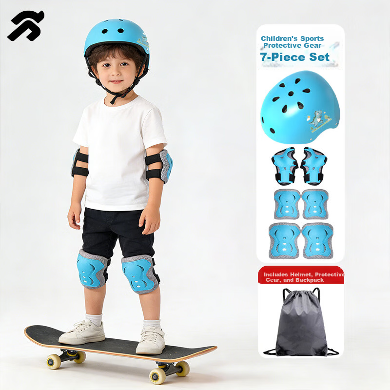 Tongbu Kids Roller Skating Protective Gear Set Skateboard Balance Bike Cycling Outdoor Sports Helmet and Pads 7-Piece Set Blue