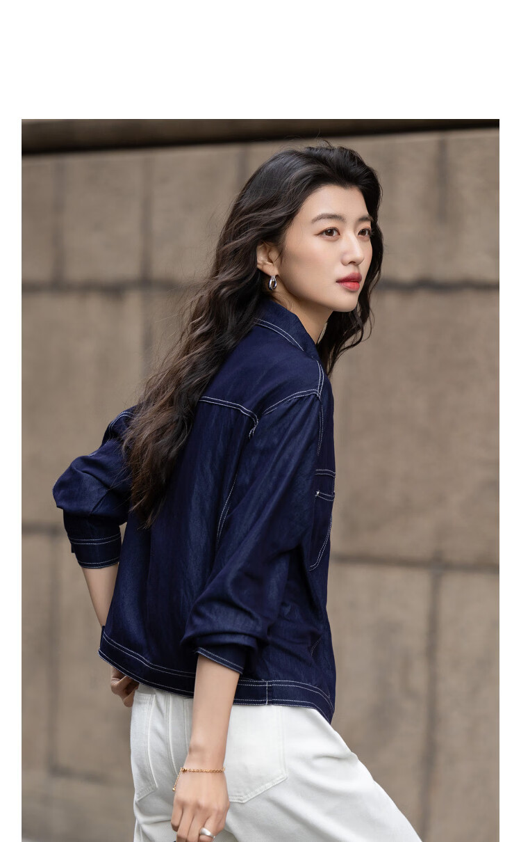 Demana [Denim Narrative] Spring Snap Button Lapel Studded Pocket Color-Blocked Stitching Loose Petite Women's Jacket 11