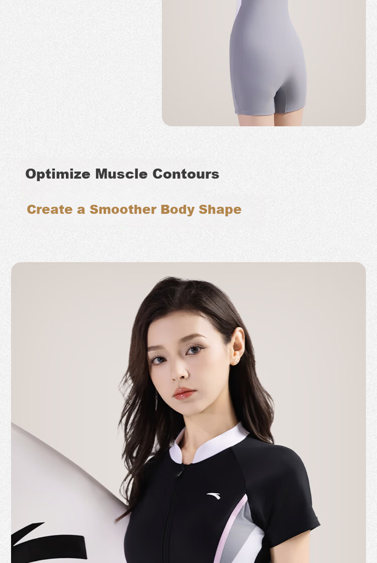 Anta Women's New Short Sleeve One-Piece Swimsuit Slim Fit Conservative Professional Racing Swimwear Purple Gray M 5