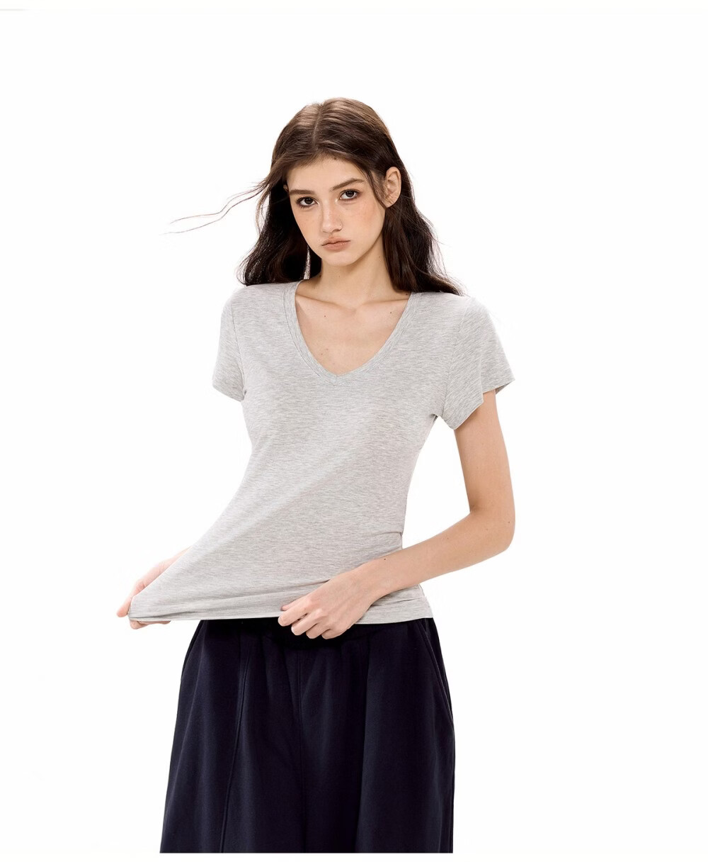 ICH MODE Slim Fit Stretch V-Neck Short Sleeve T-Shirt Women Summer New Casual Sports Shoulder Top Crop Light Purple M 24