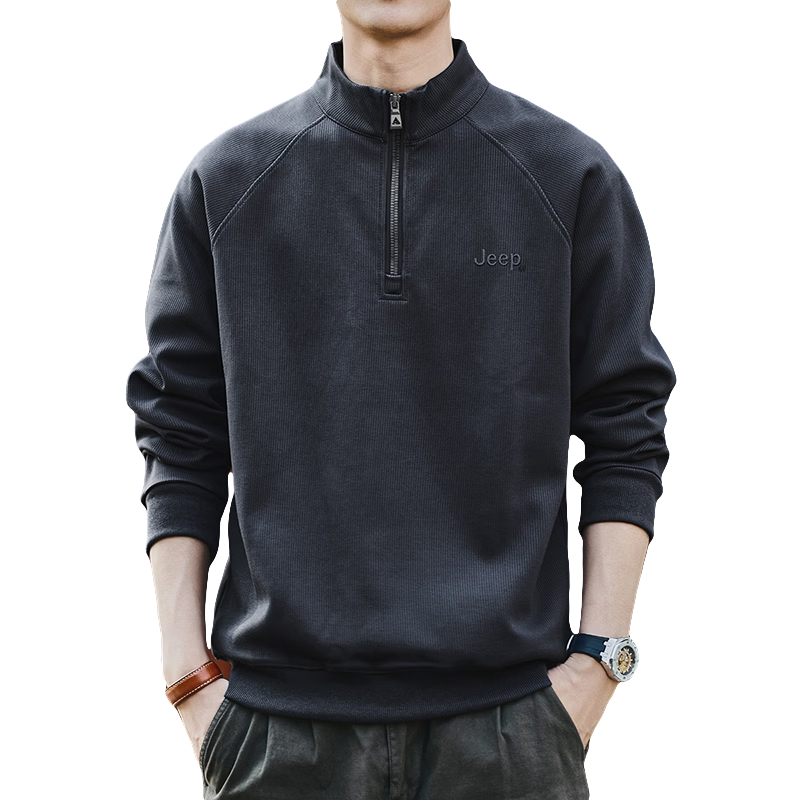 JEEP Men's Sweatshirt, Spring And Autumn Heavyweight Base Layer, Half-Zip Loose Casual Top, Men's Clothing, Gray, Size L