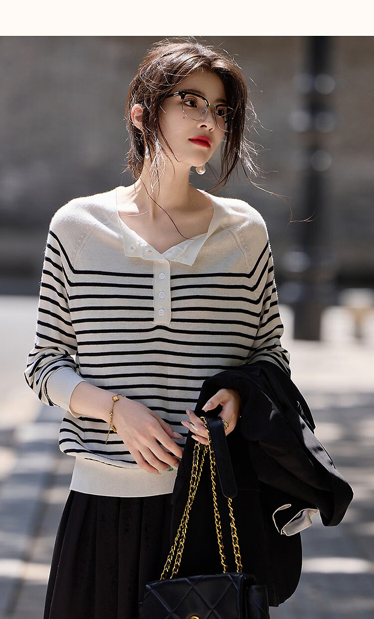 Demana Japanese Style Artistic Commuter Spring Autumn Colorblock Striped Round Neck Slimming Knit Sweater 31