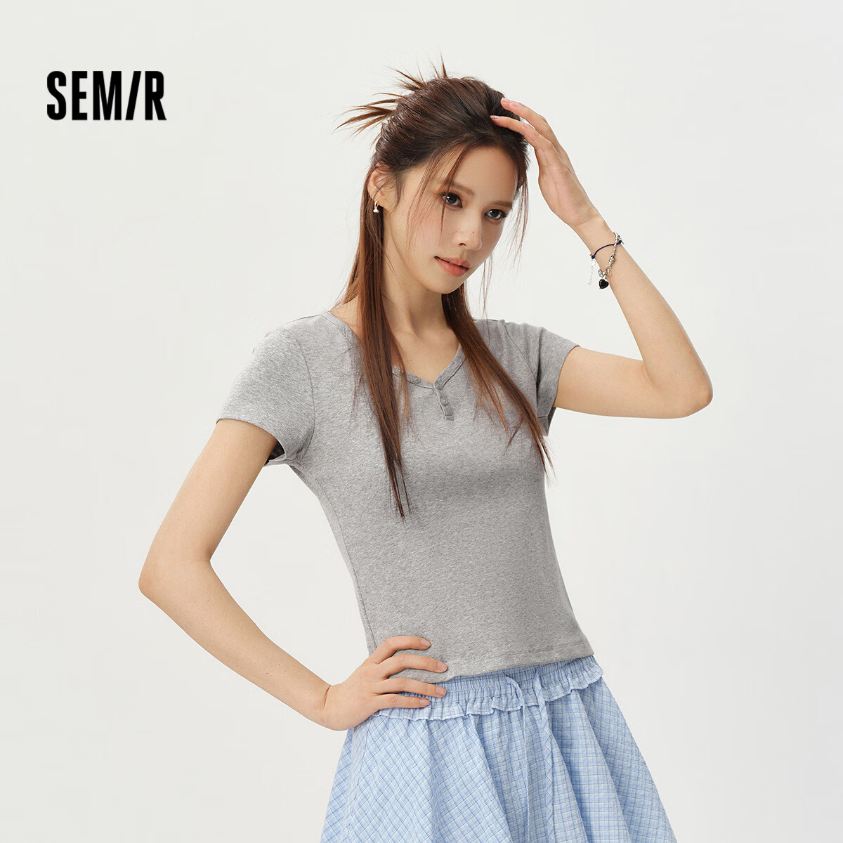 Semir Women's Summer Short Sleeve V-Neck Half-Placket Pullover Slim Fit T-Shirt 2026 Top 109326100046