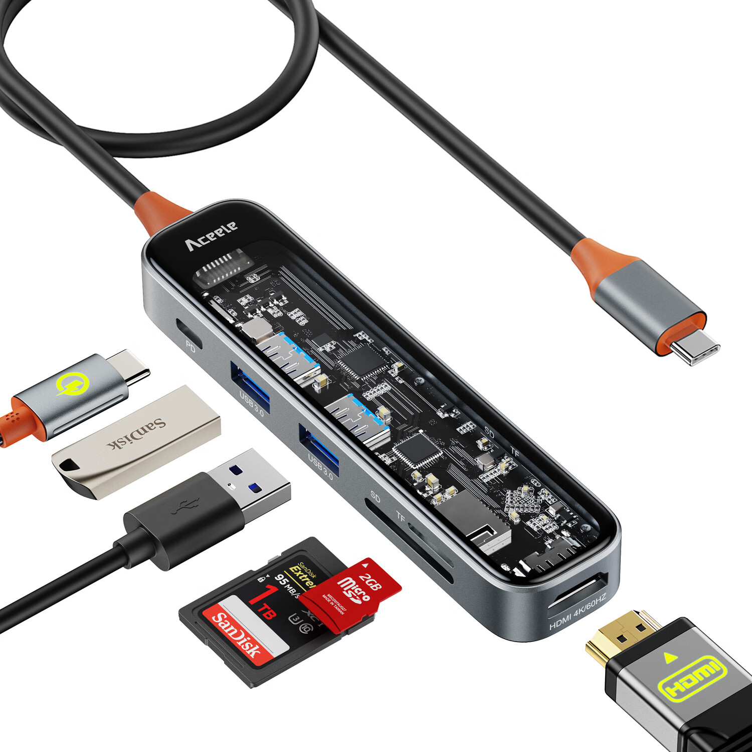 ACEELE Type-C Docking Station 6-in-1 Transparent HDMI 4K60Hz Display USB 3.0 Dual Ports SD/TF Card Reader PD 100W Fast Charging Laptop Multiport Adapter