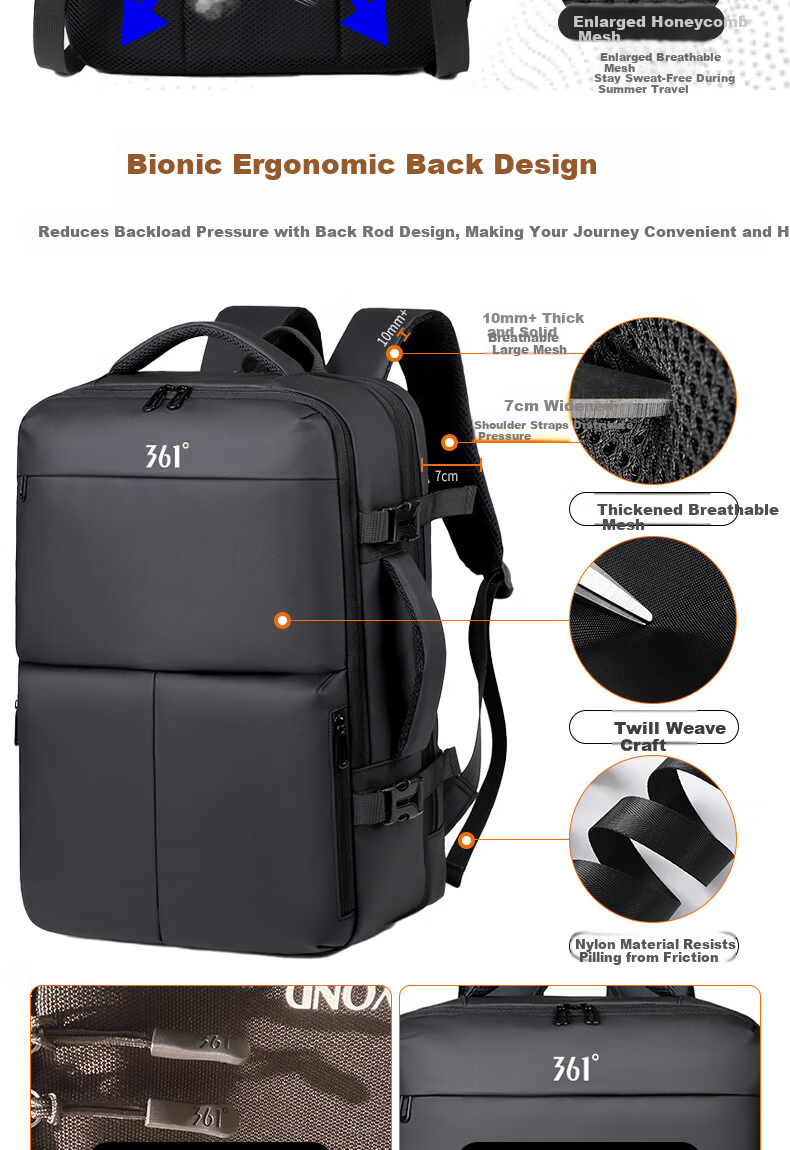 361° Backpack Men's Business Large Capacity Dual Shoulder Bag Independent Laptop Compartment Commuter Travel Casual Bag 6