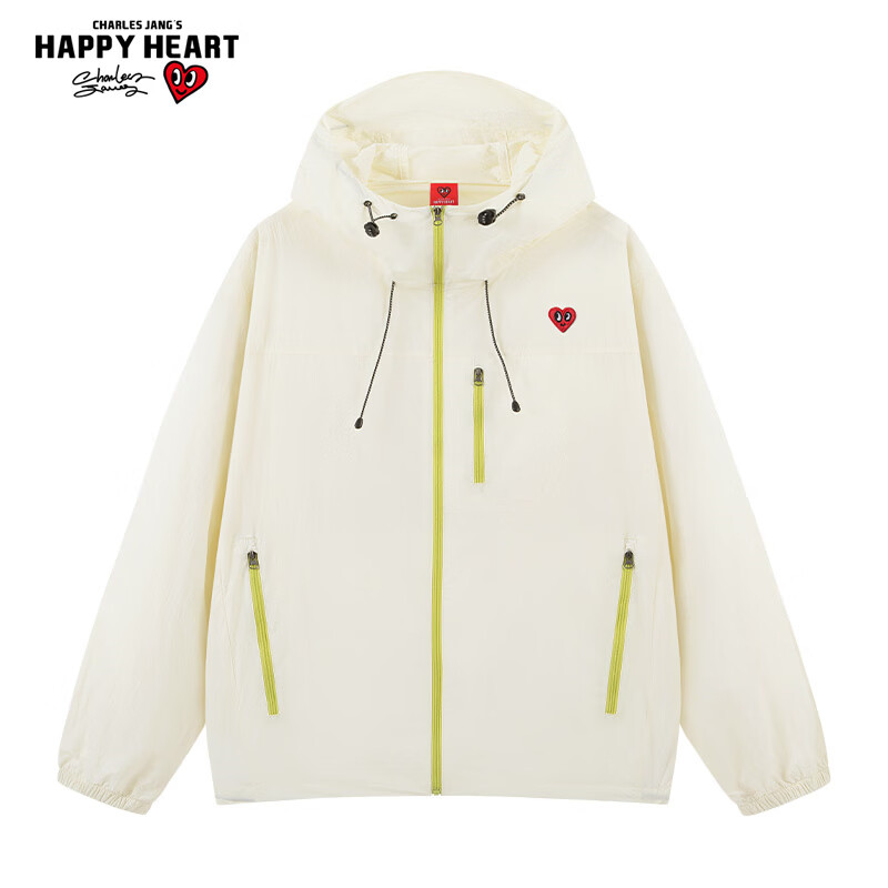 Charles Peach Heart Summer Ice Feeling Sunscreen Jacket Unisex Lightweight Breathable UV Protection Couple Sun Protection Clothing Ivory White XS