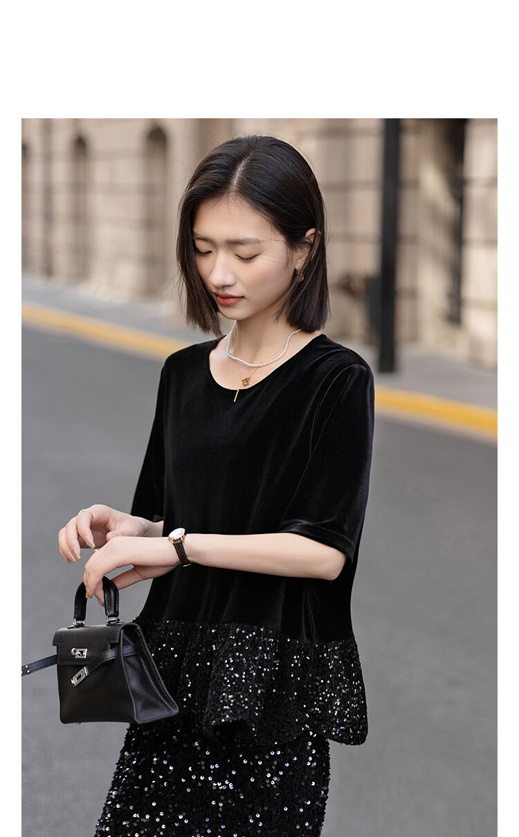 Demana Velvet Glow Black Rose Spring Vintage Modern Round Neck Loose Sequin Ruffle Petite Women's Shirt 11