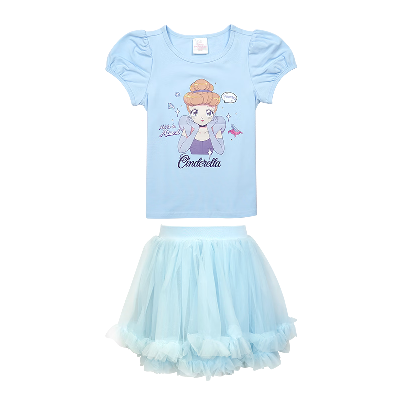 Disney 2026 New Summer Girls' T-Shirt Cartoon Short Sleeve Skirt Cinderella Breathable Cool 120CM