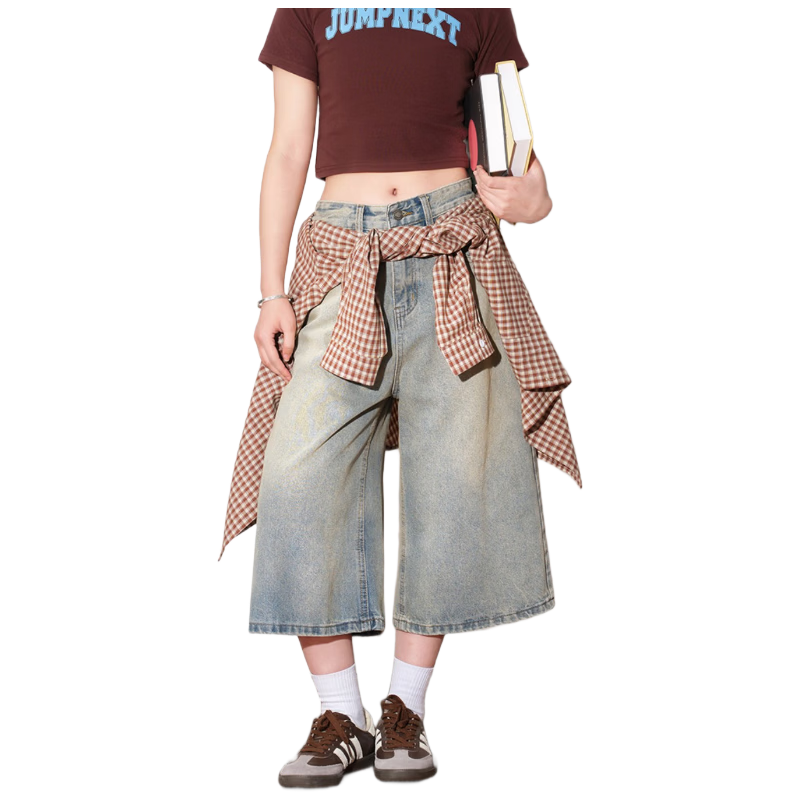 ICH MODE Vintage American Style Lightweight Washed Denim Shorts Thin Women's 2026 New Versatile Seven-Point Pants Black L