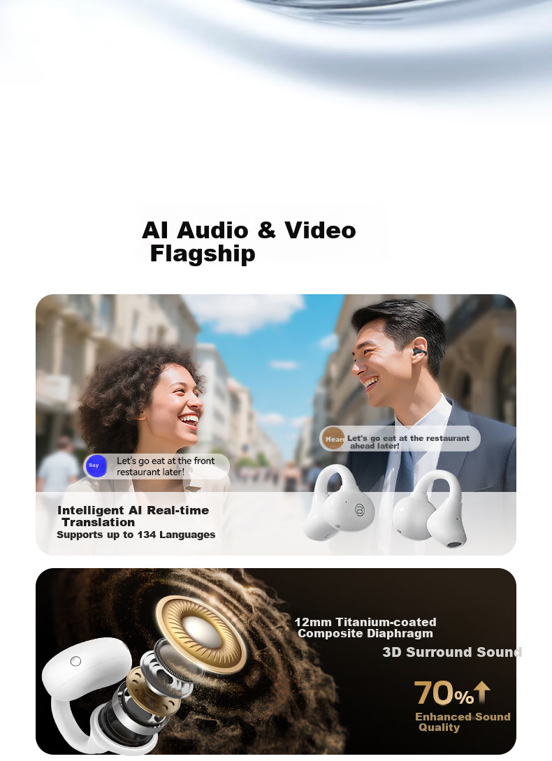 BUGANI Fit B17 Clip-On Bluetooth Earphones Open Wireless Non-In-Ear AI Simultaneous Translation Noise Cancelling Running Sports Music Gaming E-Sports Call Noise Reduction Black 1