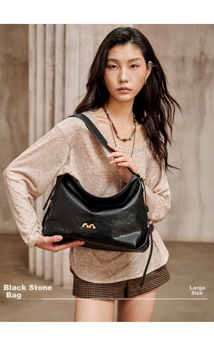 Nalandu [Dong Xuan Same Style] Black Stone Hobo Bag New Cowhide Underarm Shoulder Bag Birthday 38 Goddess Festival Gift 16