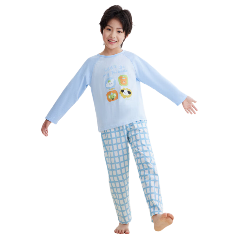 Hodo Kids Spring Autumn 100% Cotton Antibacterial Long Sleeve Pajama Set Cute Cartoon Children's Homewear Blue Plaid Sweet 110