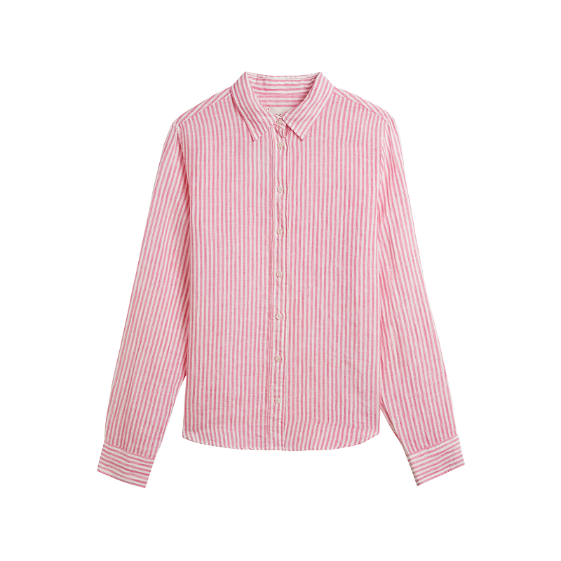 GANT Women's Spring Summer Pure Linen Striped Shirt Vintage Old Coin Style Long Sleeve Shirt 682-Pink M
