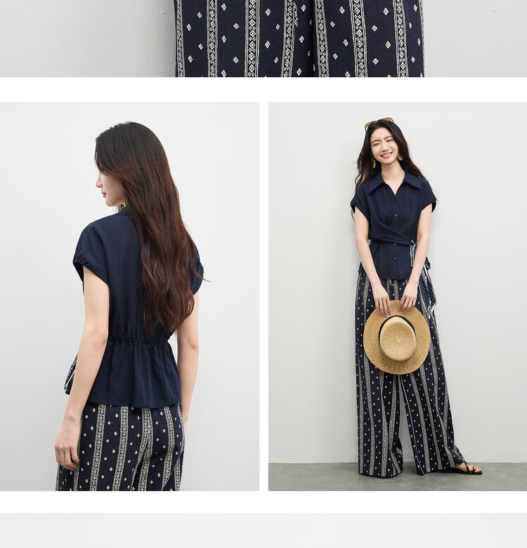 Shangdu Bila Linen Tencel Commuter Shirt Women Spring Summer Printed Tie Pleated Waist Slimming Blouse Turn-down Collar Top 21
