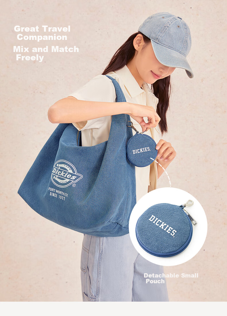 Dickies Denim Blue Large Capacity Shoulder Tote Bag Travel Commuter Casual Women's Bag 6